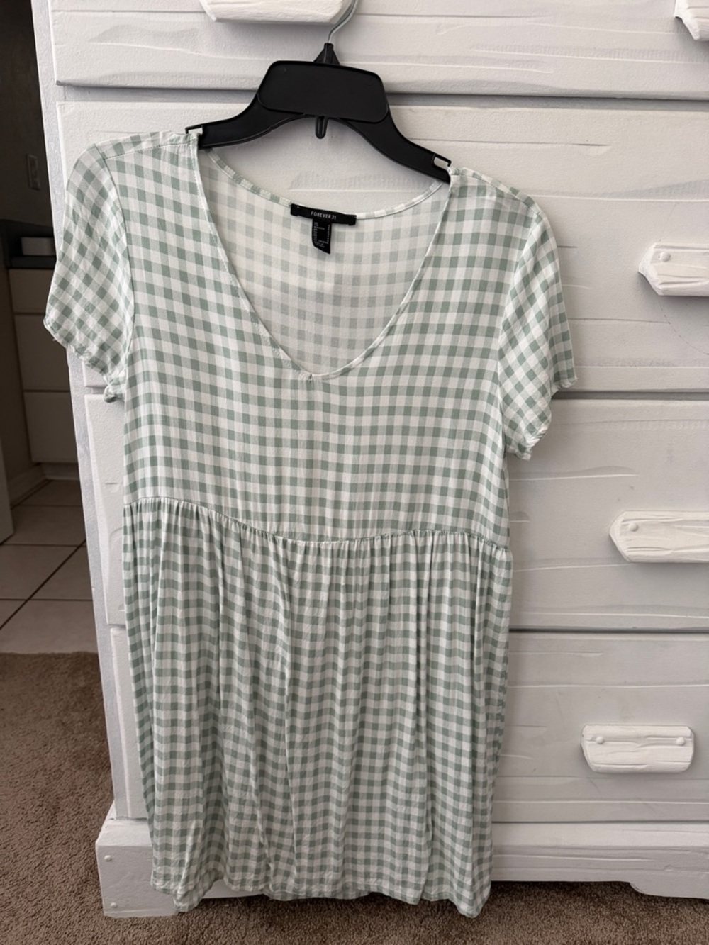Forever 21 Sage and White Gingham V-Neck Dress